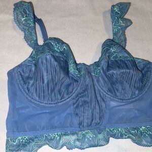 Size M Underwire longline Balconette Style Auden Blue Bra with Green Lace Trim
